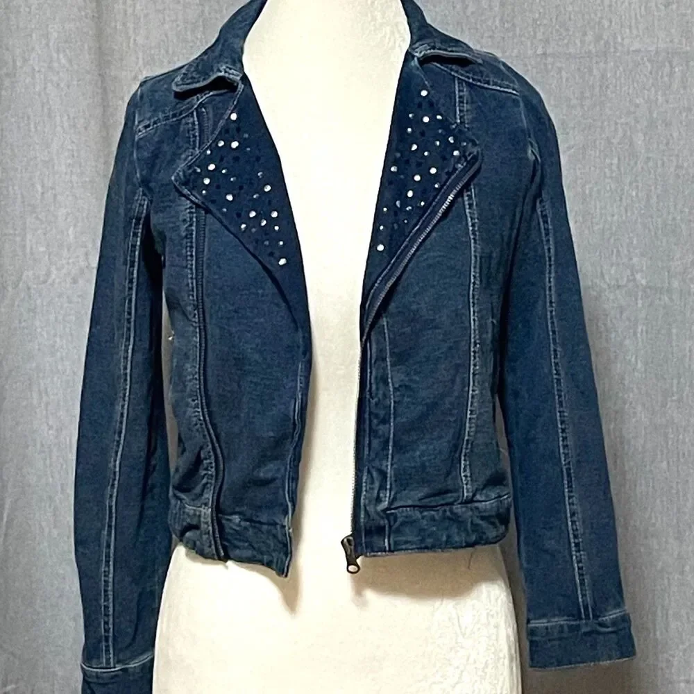 Justice Girls Studded Cotton Denim Moto Jacket Rhinestone Size 8 Back to School